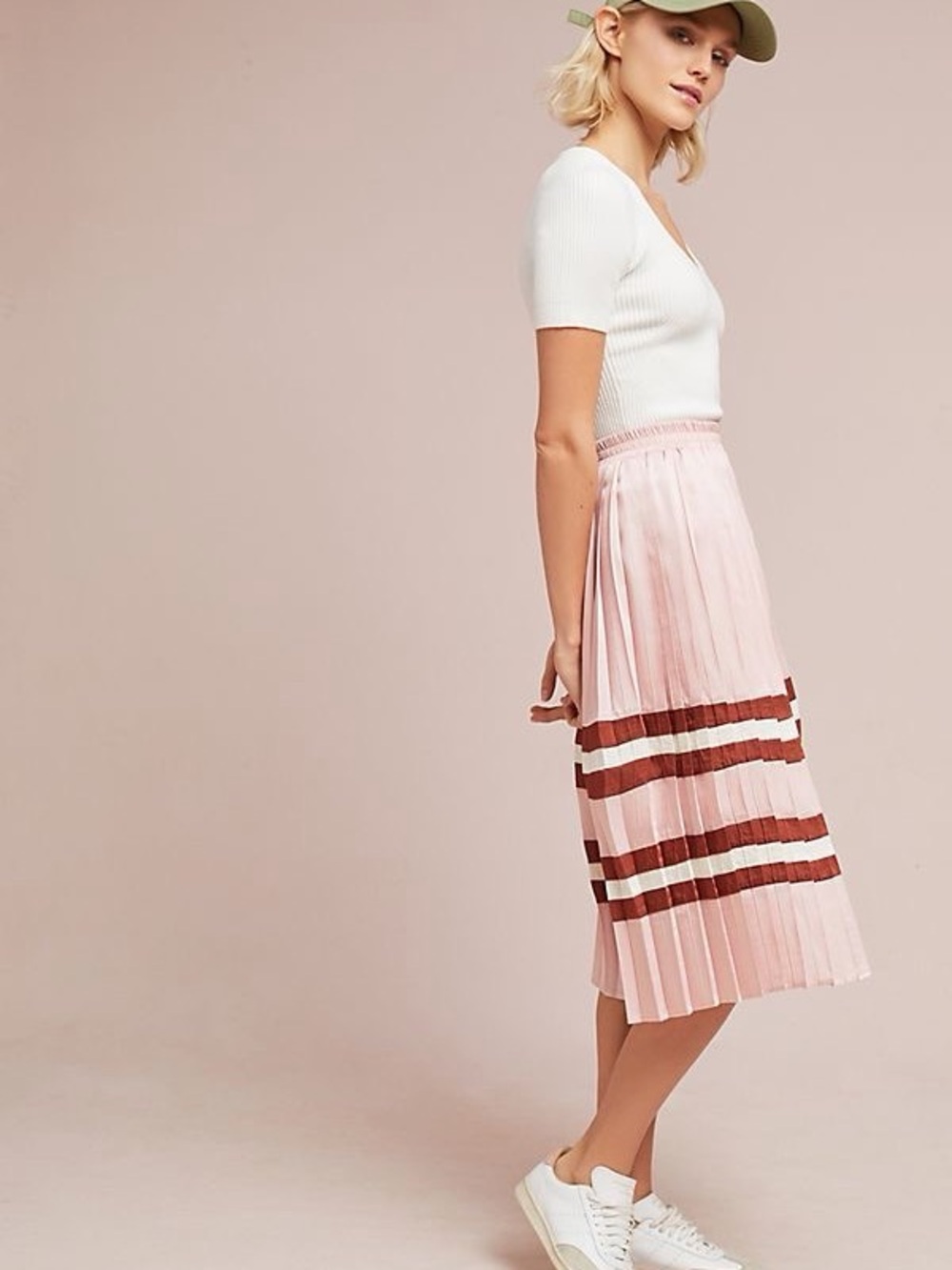 Anthropologie Blush Pink Pleated Midi Skirt with Rust Stripes